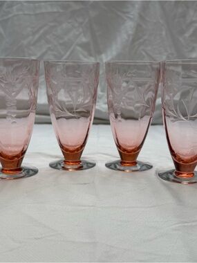 Vintage Pink Flowers Depression Glass Footed Parfait/ Ice Tea - SET OF 4 Glasses